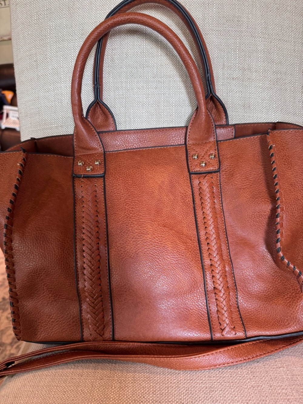 Women's Tan  Tote Bag - Classic Handbag with extra bag( makeup).